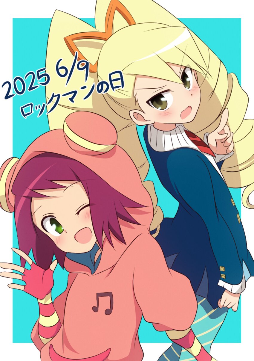2girls :o ;d absurdres blonde_hair blue_background blue_dress border bow brown_eyes curakuru dated dress drill_hair fingerless_gloves gloves green_eyes hair_bow highres hood hoodie long_hair looking_at_viewer luna_platz_(mega_man) mega_man_(series) mega_man_day mega_man_star_force_(series) multiple_girls one_eye_closed open_mouth outside_border pantyhose pink_gloves pink_hair pink_hoodie short_hair smile sonia_strumm_(mega_man) striped_clothes striped_pantyhose twin_drills very_long_hair white_border