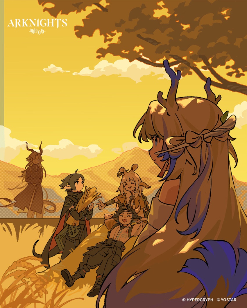 2girls 3boys animal_ears arknights arms_behind_back bare_shoulders black_cape black_coat black_pants blonde_hair blue_hair cape closed_eyes cloud coat company_name copyright_name cow_boy cow_ears cow_horns cropped_jacket dragon_boy dragon_girl dragon_horns dragon_tail earrings faceless faceless_male favilia grain_buds_(arknights) green_eyes hair_ornament hair_stick highres holding_wheat horns jacket jewelry long_hair mountainous_horizon multicolored_hair multiple_boys multiple_girls off_shoulder official_art outdoors pants red_cape short_hair shu_(arknights) sky tail tassel tassel_earrings tree two-sided_cape two-sided_fabric v wan_qing_(arknights) wheat_field yellow_jacket yellow_sky ji_(arknights) zuo_le_(arknights)