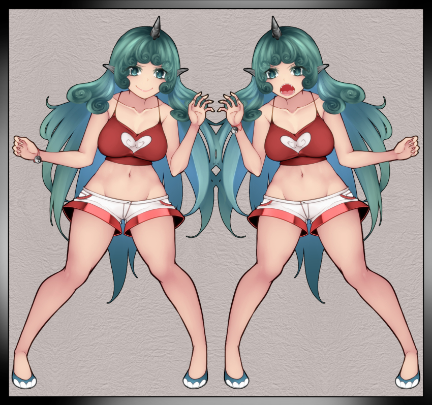 2girls alternate_costume aoshima aqua_hair bracelet breasts curly_hair fangs green_eyes green_hair heart highres horns jewelry komano_aunn long_hair medium_breasts midriff multiple_girls navel paw_pose red_shirt shirt shorts single_horn tank_top touhou white_shorts