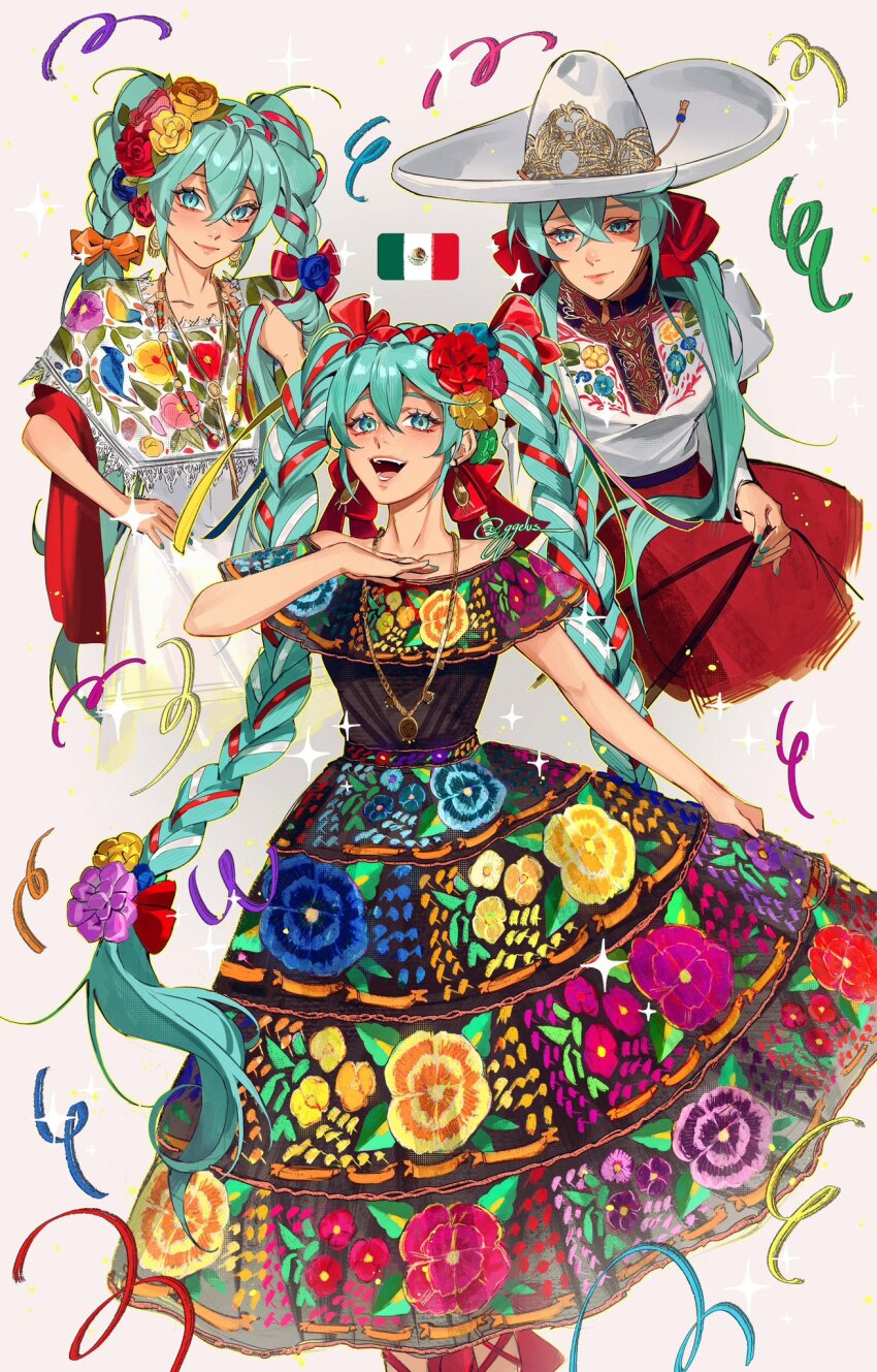 1girl alternate_costume aqua_eyes aqua_hair aqua_nails bow collarbone crossed_bangs dress earrings floral_print flower ggelus hair_between_eyes hair_bow hair_flower hair_ornament hair_ribbon hand_on_own_chest hand_on_own_hip hat hatsune_miku highres jewelry juliet_sleeves long_sleeves looking_at_viewer mexican_clothes mexican_dress mexican_flag mexico multicolored_dress open_mouth puffy_sleeves ribbon signature simple_background skirt_hold smile solo sparkle standing streamers twintails vocaloid white_hat worldwide_miku