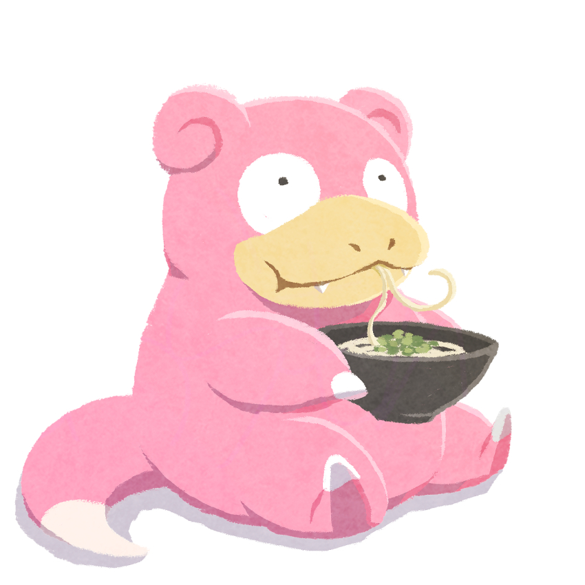 bowl claws eating fangs food full_body gen_1_pokemon highres holding holding_bowl miclot nintendo no_humans noodles pokemon pokemon_(creature) simple_background sitting slowpoke solo udon white_background
