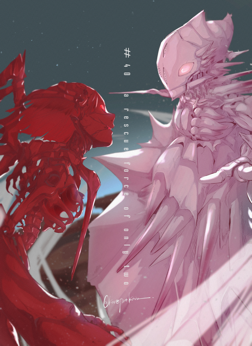 333111188833 absurdres alien benisuzume_(gauna) blade commentary_request duel eye_contact face-to-face faceoff gauna highres looking_at_another mask mecha mecha_focus monster_girl no_humans no_pupils placenta_(sidonia_no_kishi) red_eyes ribs science_fiction shiraui_tsumugi sidonia_no_kishi signature spikes spine