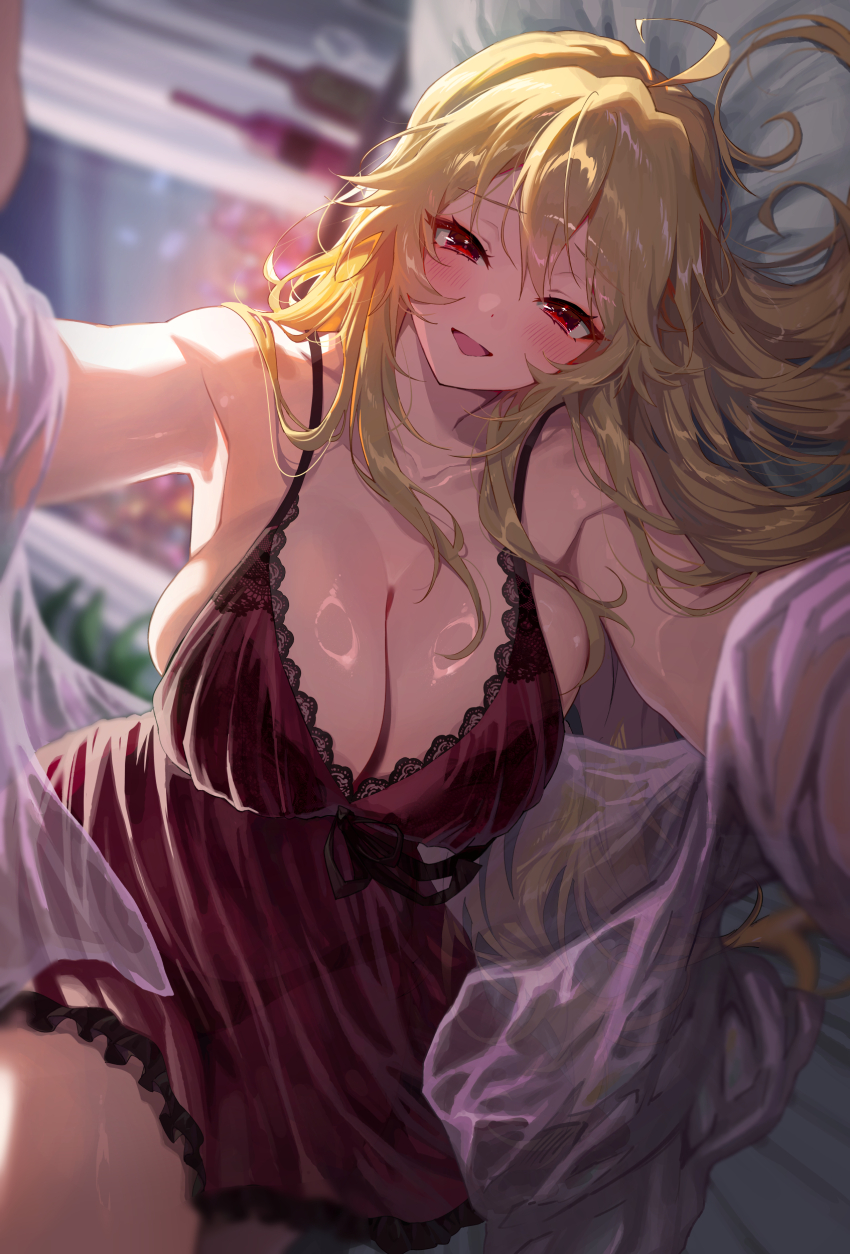 1girl absurdres ahoge angelica_rapha_redgrave armpits blonde_hair blurry blurry_background blush bottle breasts cityscape cleavage collarbone commission cup curtains depth_of_field drinking_glass female_focus foreshortening highres huge_breasts indoors lace_trim long_hair lying messy_hair midnamana night nightgown on_bed on_side open_mouth otome_game_sekai_wa_mob_ni_kibishii_sekai_desu outstretched_arms panties pov red_eyes red_nightgown see-through_clothes shiny_skin smile solo thick_thighs thighs underwear very_long_hair window wine_bottle wine_glass