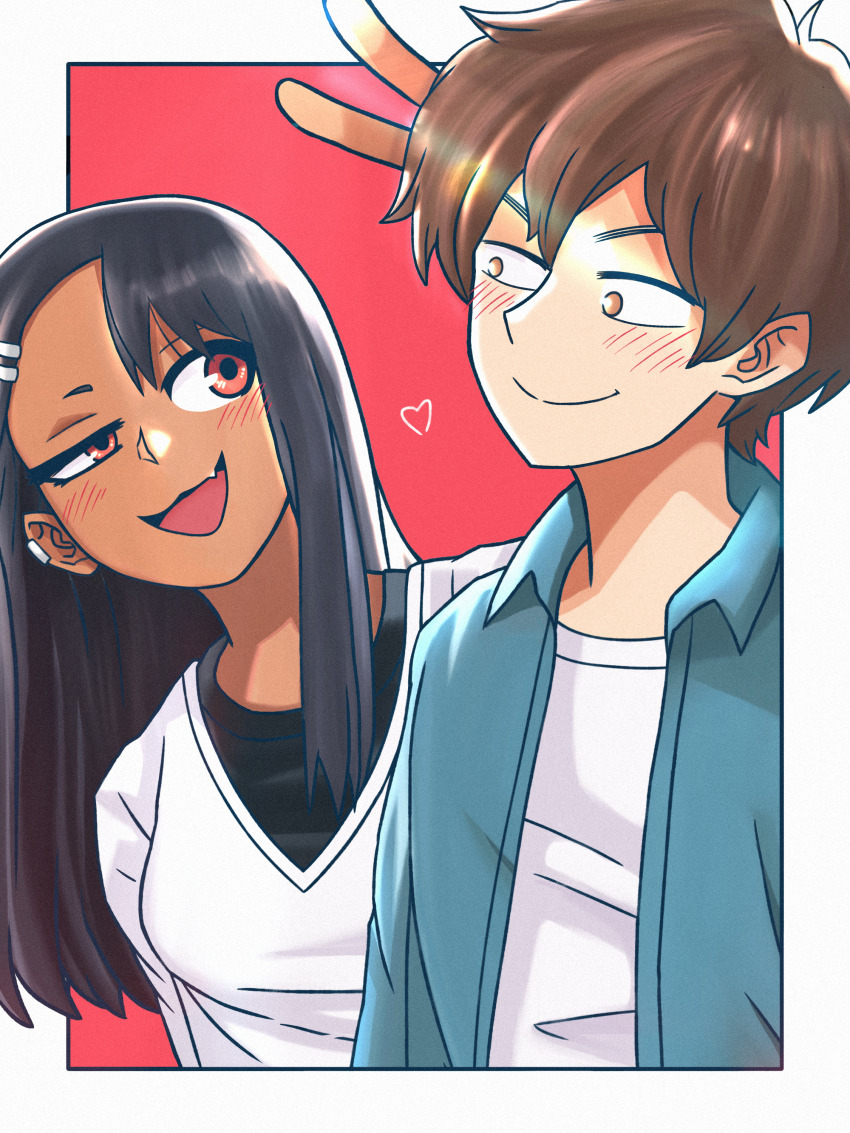 1boy 1girl :d absurdres black_hair blue_jacket border brown_eyes brown_hair casual closed_mouth earrings fang hachiouji_naoto heart hetero highres ijiranaide_nagatoro-san jacket jewelry long_hair looking_at_another nagatoro_hayase omniiro open_mouth red_background shirt short_hair single_earring skin_fang smile tan upper_body v white_border white_shirt