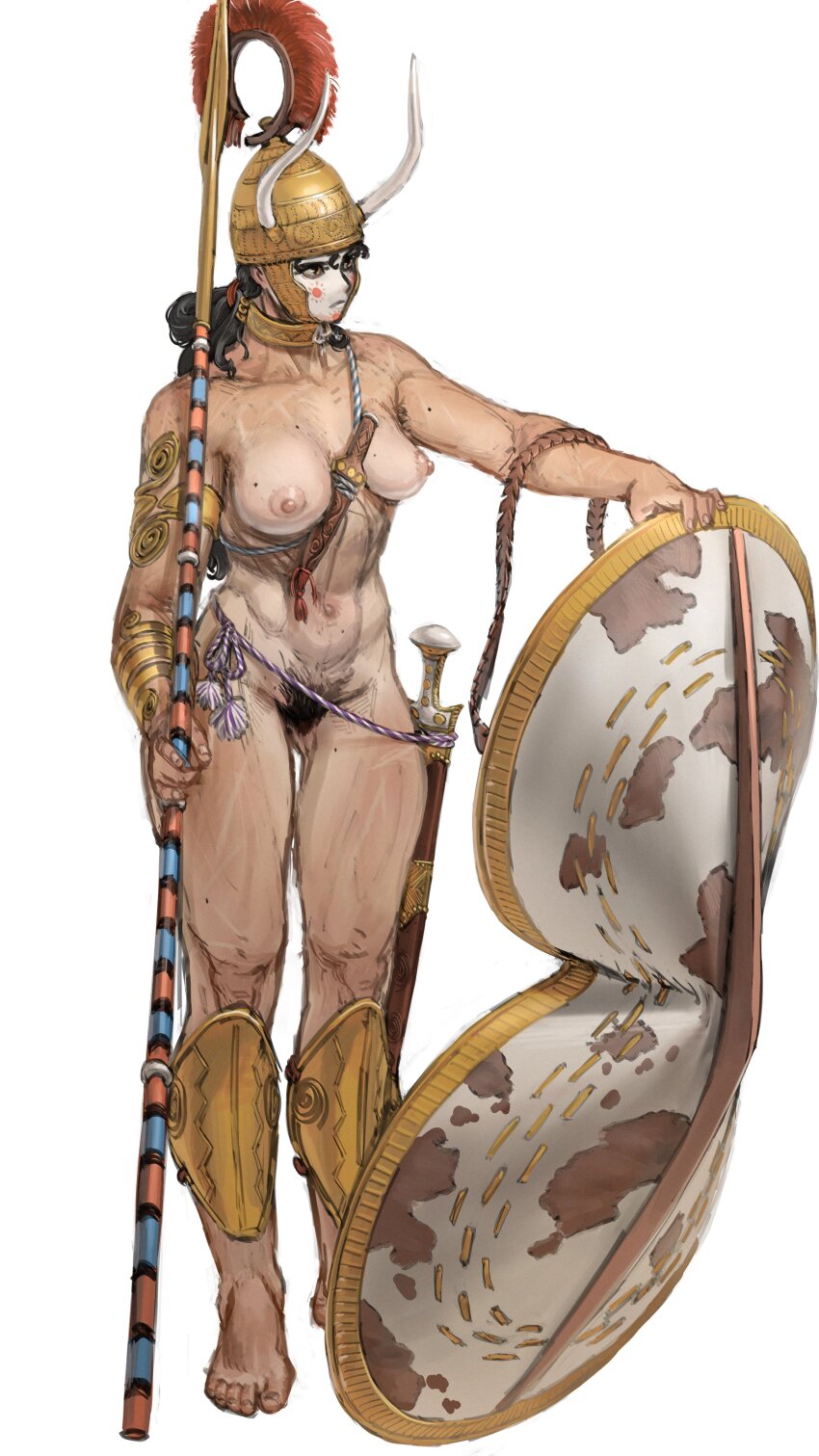 1girl absurdres armpit_hair barefoot black_hair breasts bronze_armor dagger facepaint fake_horns female_pubic_hair helmet highres horned_helmet horns knife large_breasts navel nude original polearm pubic_hair scar shield simple_background spear tall_female wass_nonnam weapon white_background