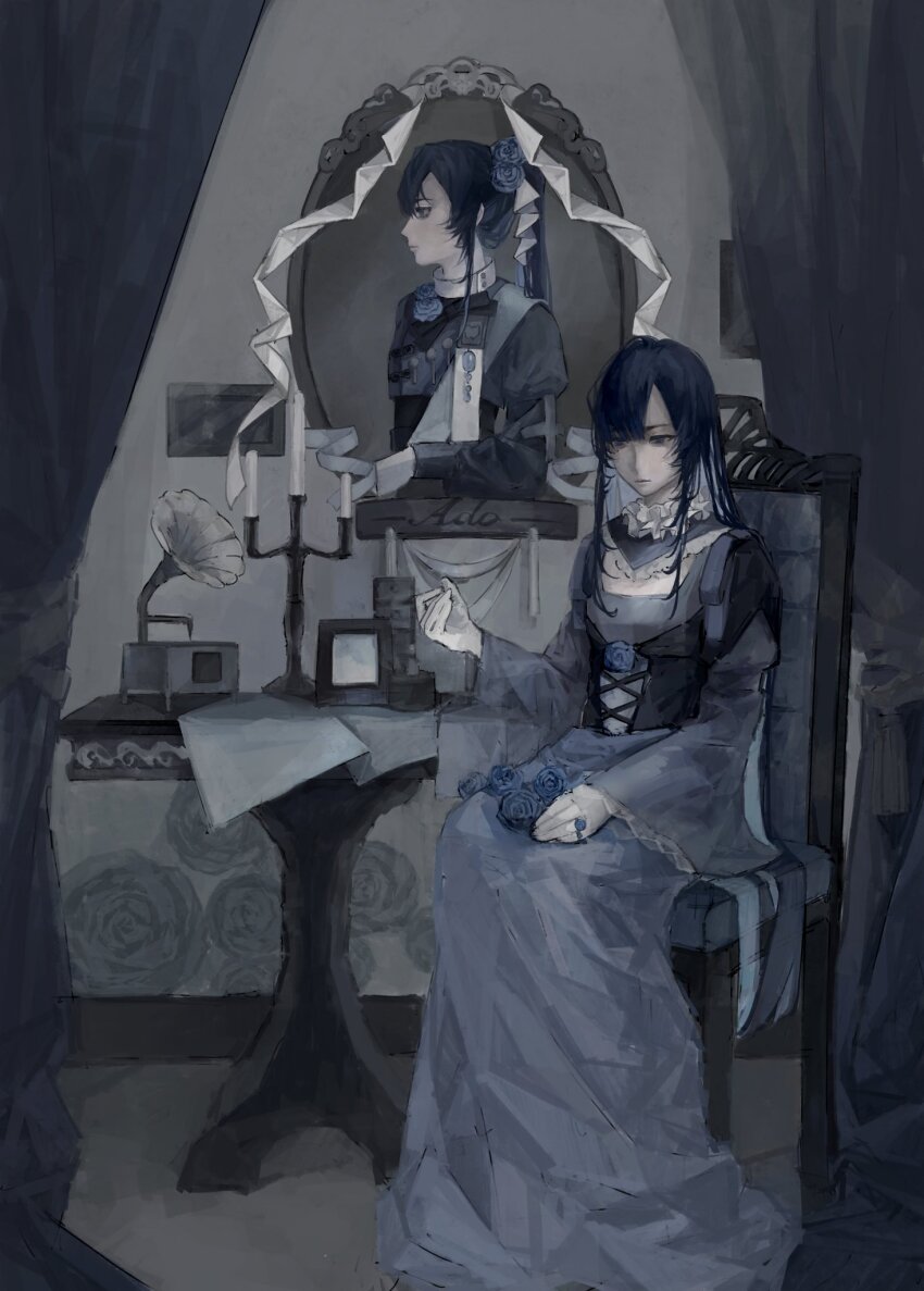1girl ado_(utaite) black_corset blue_eyes blue_flower blue_hair blue_rose blue_skirt chair chando_(ado) closed_mouth commentary corset dual_persona flower hashtag-only_commentary highres htt_hatuotuo juliet_sleeves long_hair long_sleeves mirror phonograph ponytail puffy_sleeves rose sitting skirt solo standing