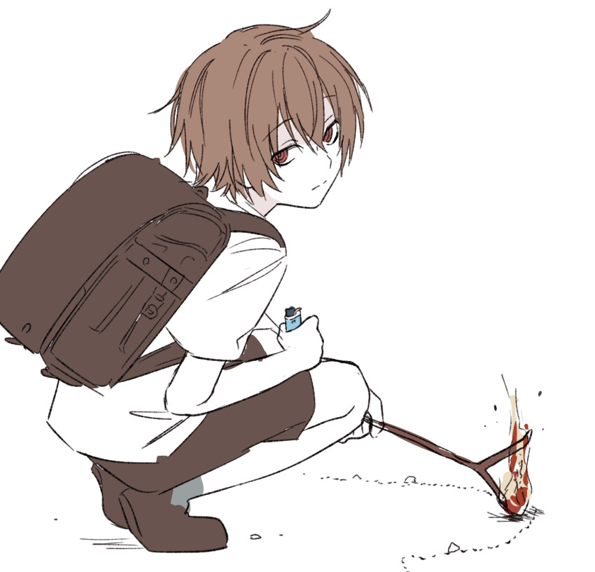 1103sns 1boy aged_down animal_abuse ant backpack bag brown_bag brown_hair brown_shoes brown_shorts bug burning child closed_mouth expressionless fire from_side full_body highres hitomi_hirosuke_(sayonara_wo_oshiete) holding holding_lighter holding_stick insect lighter looking_at_viewer looking_to_the_side male_focus partially_colored randoseru red_eyes ringed_eyes sayonara_wo_oshiete shirt shoes short_hair short_sleeves shorts simple_background solo stick t-shirt white_background white_shirt