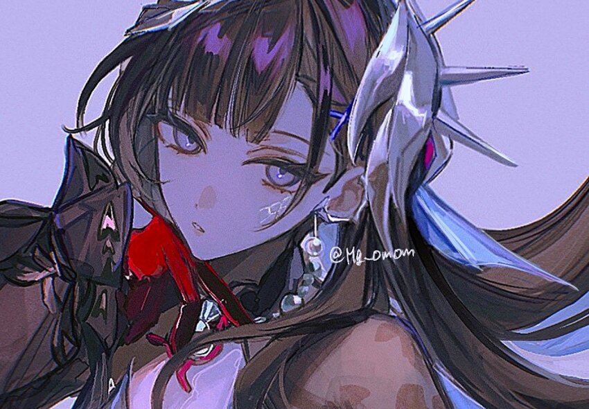 1girl blue_eyes breasts brown_hair earrings gloves hair_ornament half-closed_eyes head_rest honkai:_star_rail honkai_(series) hysilens_(honkai:_star_rail) jewelry looking_at_viewer mg_omom parted_lips pearl_earrings purple_background red_gloves simple_background solo teeth twitter_username