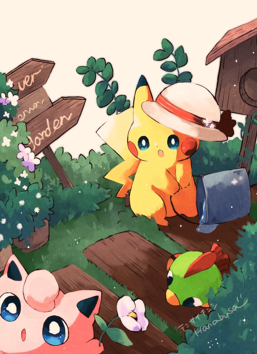 :o artist_name bird birdhouse blue_eyes bright_pupils colored_skin commentary_request flower gen_1_pokemon gen_2_pokemon hanabusaoekaki hat highres holding holding_flower jigglypuff natu nintendo no_humans on_grass pikachu pink_flower pink_skin pokemon pokemon_(creature) sign standing tail white_hat white_pupils yellow_skin
