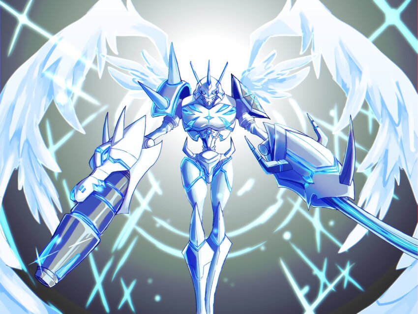arm_blade arm_cannon armor cowboy_shot digimon digimon_(creature) energy_gun feathered_wings glowing highres katana mecha megane_mochi neon_trim omegamon omegamon_merciful_mode robot solo sword weapon white_armor white_wings wings