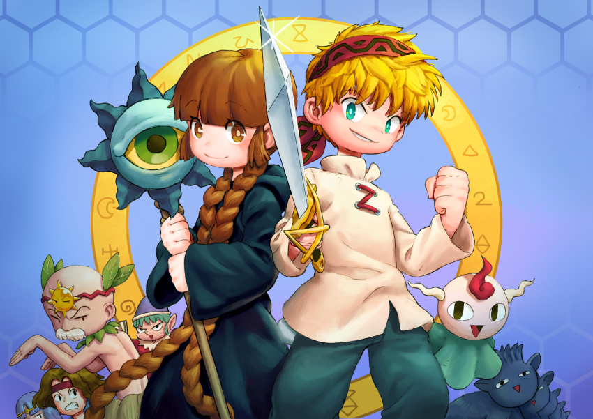 2girls 3boys :d absurdres bald bandana bari_(hangu-geo) black_robe black_robes blonde_hair blue_hair braid brown_eyes brown_hair character_request circlet dancing facial_hair gipple headband highres holding holding_staff holding_sword holding_weapon kukuri_(mahoujin_guruguru) long_hair magic_circle mahoujin_guruguru mechanical_pencil multiple_boys multiple_girls mustache nike_(mahoujin_guruguru) old old_man open_mouth pencil robe smile staff standing sun_hair_ornament sword udberg_eldol very_long_hair weapon