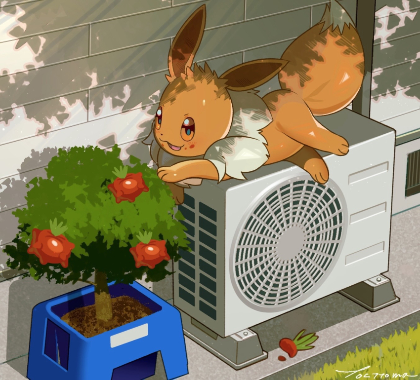 :d =_(9_yawbus) brown_eyes commentary_request day eevee food food_on_face fruit gen_1_pokemon grass highres lying nintendo no_humans open_mouth outdoors plant pokemon pokemon_(creature) shadow signature smile soil solo