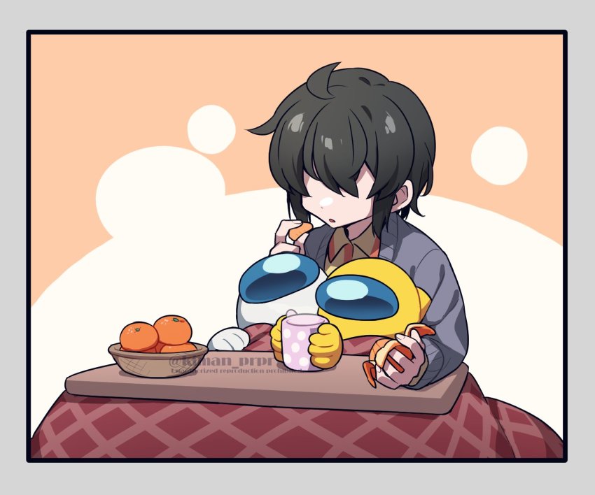 3others ahoge among_us androgynous bowl brown_hair commentary_request crewmate_(among_us) cup disembodied_hand eating faceless food fruit helmet highres kiman kotatsu mandarin_orange multiple_others short_hair sitting sitting_on_lap sitting_on_person space_helmet spacesuit sweater table they_(kiman) twitter_username under_kotatsu under_table watermark white_(among_us) yellow_(among_us)