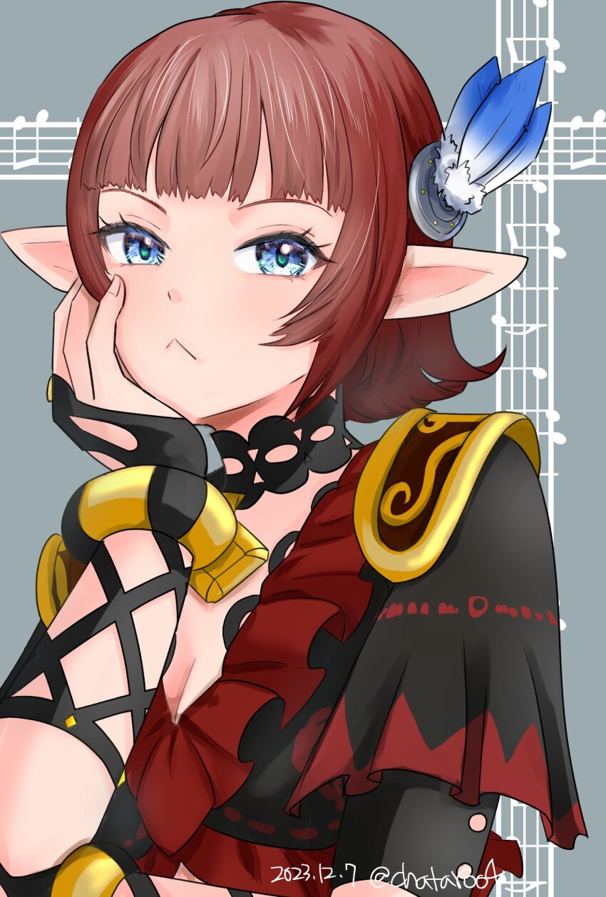 1girl 2023 :&lt; black_shirt blue_eyes bracelet breasts chatarou_bekkan cleavage closed_mouth cropped_shirt dancer dancer_(final_fantasy) dated elf elvaan eyelashes feather_hair_ornament feathers final_fantasy final_fantasy_xi flamenco grey_background hair_ornament hand_on_own_face hand_up highres hume jewelry lilisette medium_breasts musical_note pointy_ears red_hair shirt short_hair solo musical_staff twitter_username