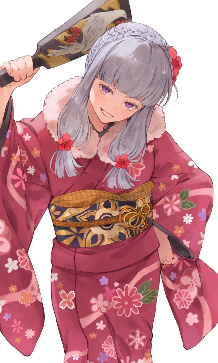 1girl absurdres agria_(new_year)_(tales) agria_(tales) blunt_bangs blush braid commission floral_print flower freckles fur-trimmed_kimono fur_trim hagoita hair_flower hair_ornament hand_on_own_hip highres japanese_clothes kimono long_hair looking_at_viewer obijime paddle purple_eyes red_kimono shirt_under_kimono sidelocks simple_background smile tales_of_(series) tales_of_asteria tales_of_xillia wawatiku white_background white_hair