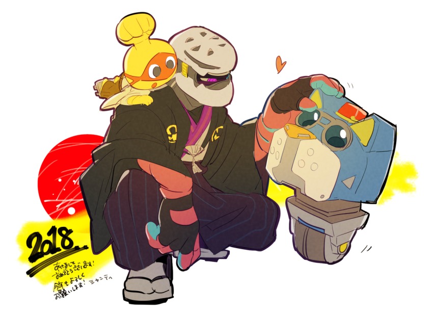 2018 arms_(game) barq cobushii_(arms) dog green_eyes helmet japanese_clothes kid_cobra male_focus mask multiple_boys nintendo robot shanty_(mattariino) simple_background