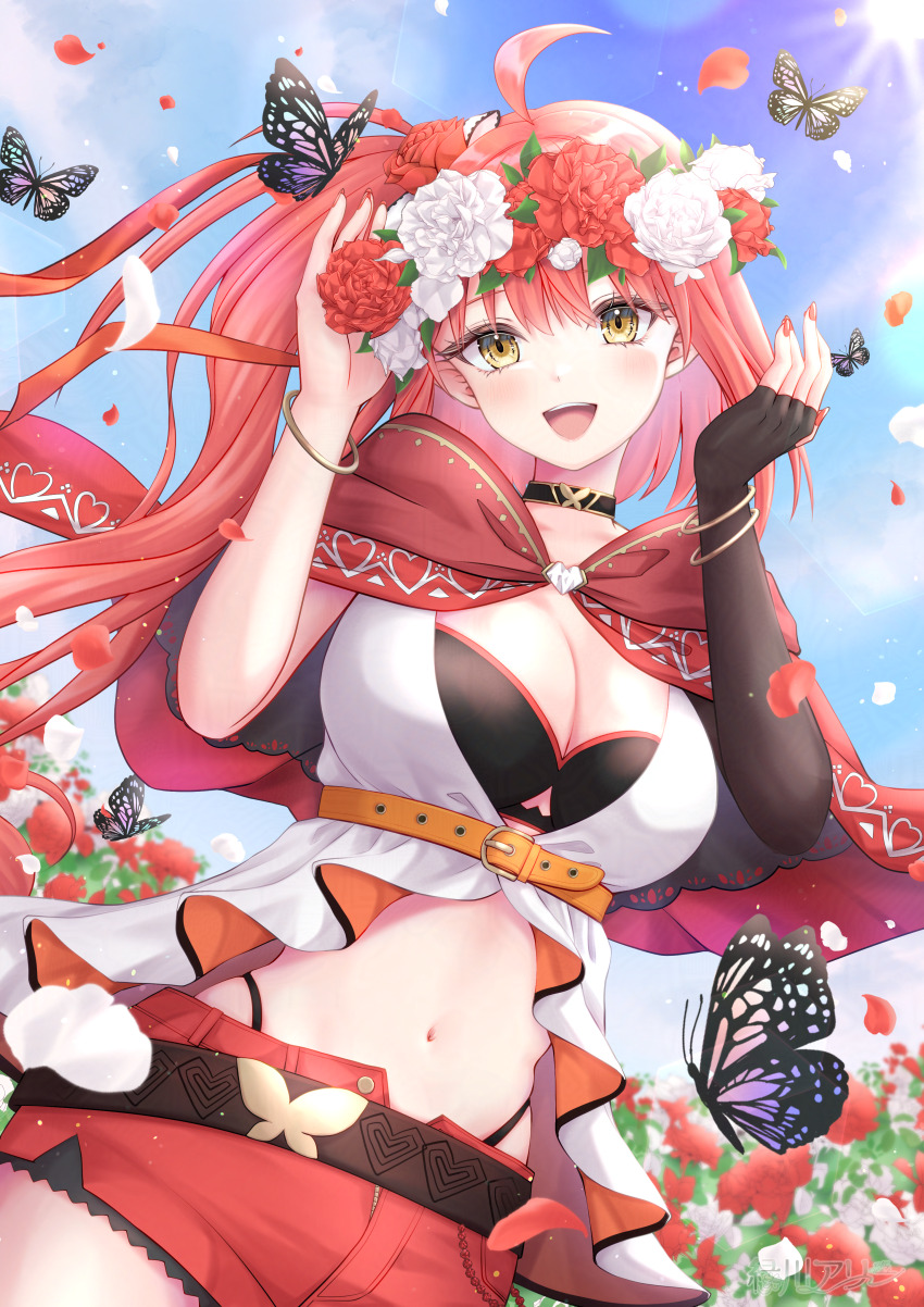 1girl absurdres ahoge allymidorikawa armlet belt black_bra black_choker blush bra bracelet breasts bug butterfly choker cleavage cloak commentary_request day elbow_gloves falling_petals fingerless_gloves floating_hair flower gloves gold_bracelet gold_trim hair_between_eyes hair_flower hair_ornament hands_up head_wreath highres insect jewelry kohaku_teto large_breasts lens_flare light_particles long_hair looking_at_viewer metal_bracelet nail_polish navel neo-porte open_fly open_mouth orange_belt panty_straps petals red_cloak red_flower red_hair red_nails red_shorts shirt short_shorts shorts side_ponytail single_elbow_glove single_fingerless_glove sky smile solo standing sun sunlight teeth thighs two-sided_fabric underwear upper_teeth_only very_long_hair virtual_youtuber watermark white_flower white_shirt yellow_eyes