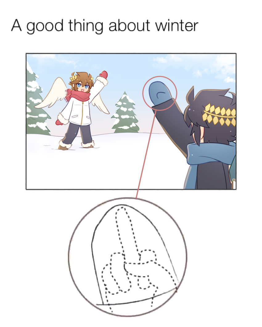 2boys ahoge angel angel_wings black_hair blue_eyes blue_scarf boots brown_hair dark_pit enni highres kid_icarus kid_icarus_uprising laurel_crown looking_at_another male_focus middle_finger multiple_boys nintendo pine_tree pit_(kid_icarus) red_scarf scarf tree waving wings