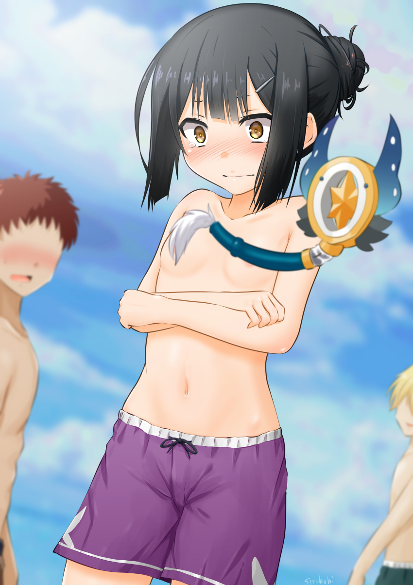 1girl 2boys absurdres areola_slip black_hair blue_sky blurry blurry_background blush breasts brown_eyes collarbone convenient_censoring cowboy_shot crossdressing crossdressing_(ftm) drawstring fate/kaleid_liner_prisma_illya fate_(series) hair_bun hair_ornament hairclip highres kaleidostick long_hair looking_at_viewer magical_sapphire male_swimwear male_swimwear_challenge miyu_edelfelt multiple_boys navel purple_male_swimwear purple_shorts purple_swim_trunks shorts sidelocks single_hair_bun sirokohi sky small_breasts swim_trunks tearing_up topless_female wand