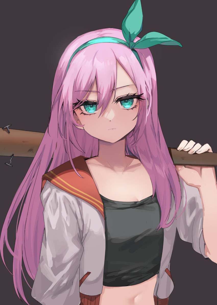1girl aqua_eyes aqua_hairband arm_at_side aubrey_(faraway)_(omori) aubrey_(omori) baseball_bat black_background black_shirt closed_mouth collarbone crop_top fingernails hair_between_eyes hairband highres holding holding_baseball_bat jacket long_hair looking_at_viewer nail nail_(hardware) nail_bat nanase_chiori navel omori open_clothes open_jacket pink_hair red_sailor_collar sailor_collar serious shirt short_sleeves solo upper_body white_jacket