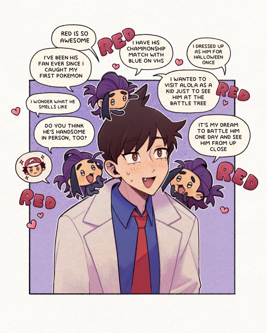 2boys :d black_hair blue_shirt border bright_pupils brown_eyes brown_hair character_name coat collared_shirt commentary english_text fang florian_(pokemon) heart highres kieran_(pokemon) light_blush looking_up male_focus multicolored_hair multiple_boys necktie nintendo open_clothes open_coat open_mouth pokemon pokemon_sm pokemon_sv purple_hair red_(pokemon) red_necktie shirt short_hair smile speech_bubble submashell sweat tongue two-tone_hair white_border white_pupils