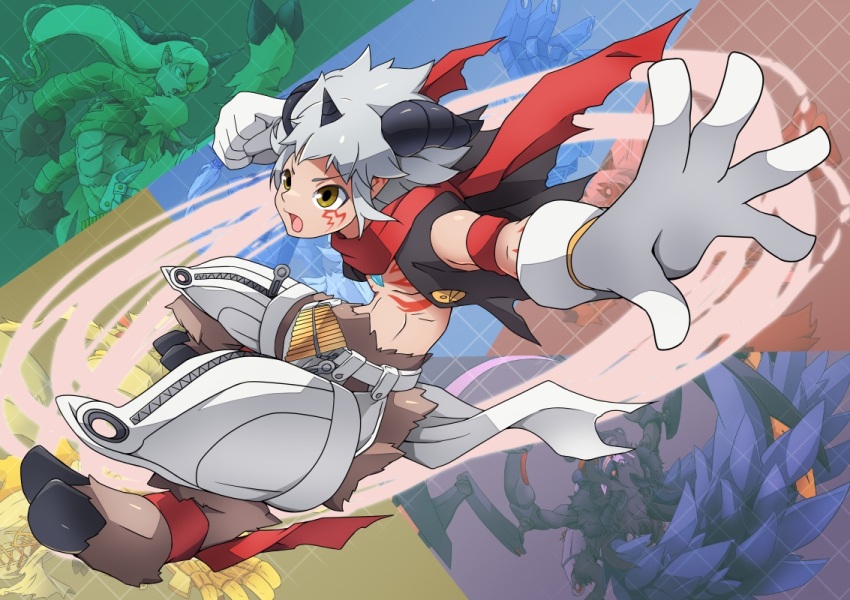 aegiochusmon aegiochusmon_blue aegiochusmon_dark aegiochusmon_green aegiochusmon_holy aegiomon armor digimon digimon_(creature) gloves horns jacket yellow_eyes