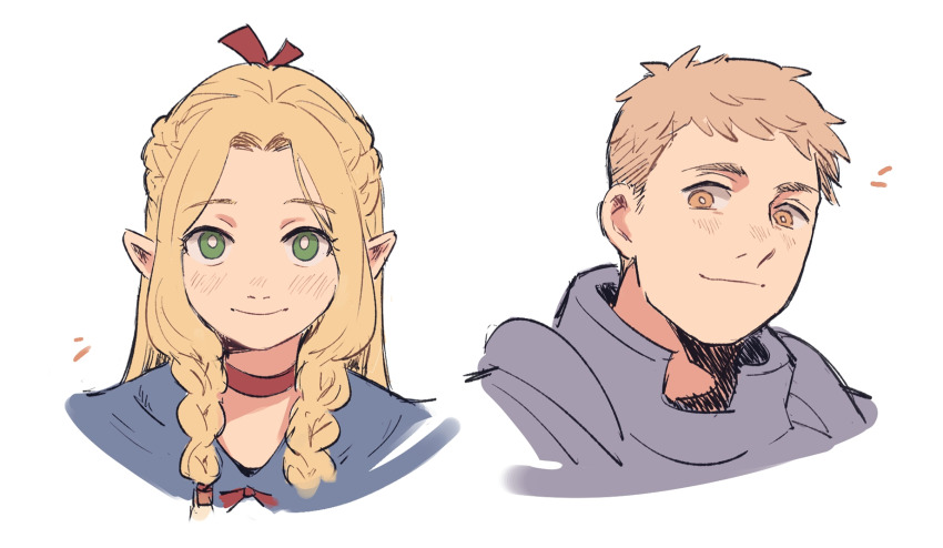 1boy 1girl armor blonde_hair blue_capelet braid brown_hair capelet choker commentary curtained_hair dungeon_meshi elf english_commentary gorget green_eyes hair_ribbon highres laios_touden light_smile long_hair looking_at_viewer marcille_donato pointy_ears red_choker red_ribbon ribbon short_hair shoulder_armor tedty33 twin_braids upper_body white_background yellow_eyes