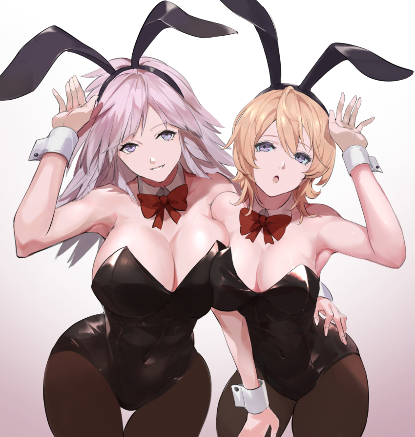 2girls alternate_costume animal_ear_hairband animal_ears arm_around_waist armpits bare_shoulders black_leotard blonde_hair breasts cleavage covered_navel cowboy_shot detached_collar double-parted_bangs europa_(granblue_fantasy) fake_animal_ears gabriel_(granblue_fantasy) gradient_background granblue_fantasy grey_eyes grey_hair hair_between_eyes hairband highres large_breasts leaning_forward leotard long_hair medium_hair multiple_girls nos_(nos_tsn) open_mouth pantyhose parted_bangs parted_lips playboy_bunny rabbit_ears rabbit_pose simple_background thigh_gap wrist_cuffs