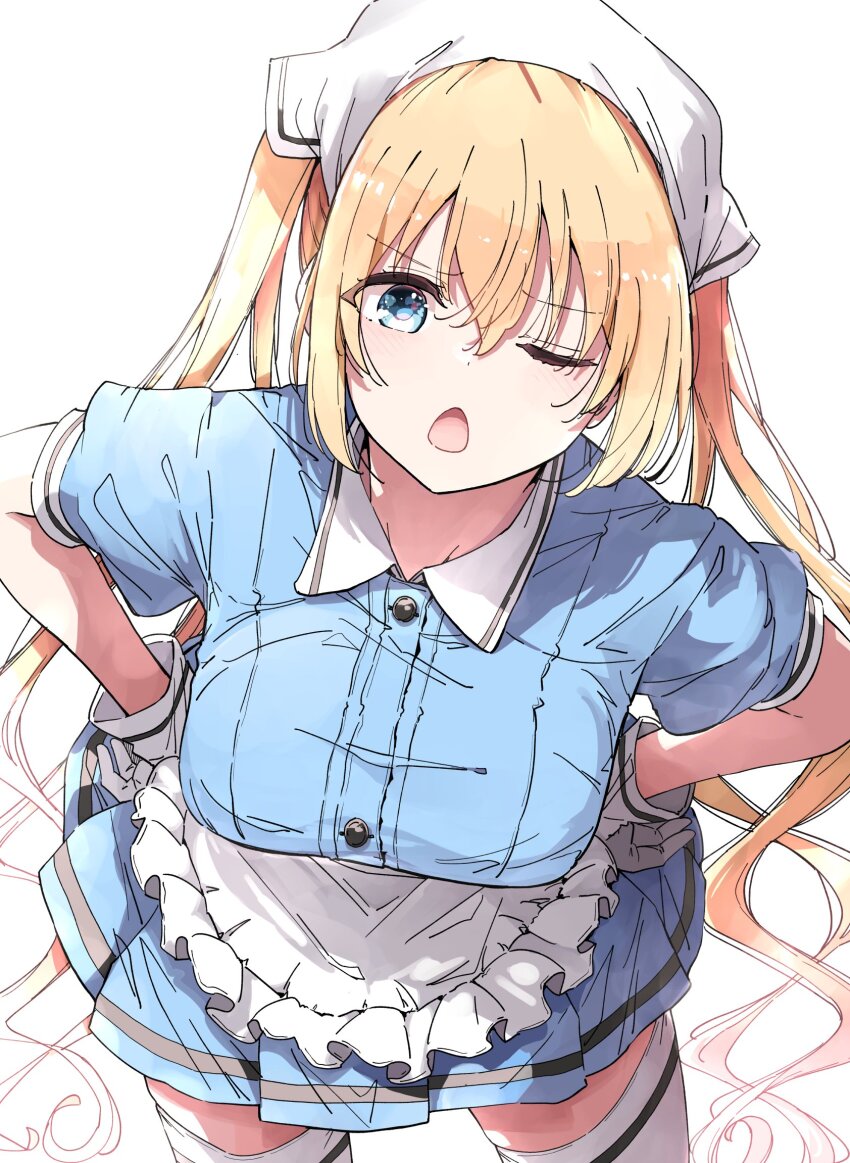 1girl apron blend_s blonde_hair blue_eyes blue_shirt blue_skirt breasts collared_shirt frilled_apron frills gloves hair_between_eyes hand_on_own_hip headscarf highres hinata_kaho large_breasts long_hair looking_at_viewer maid nyoijizai one_eye_closed open_mouth pleated_skirt puffy_short_sleeves puffy_sleeves shirt short_sleeves simple_background skirt smile solo stile_uniform thighhighs twintails very_long_hair waist_apron waitress white_apron white_background white_gloves white_headscarf white_thighhighs