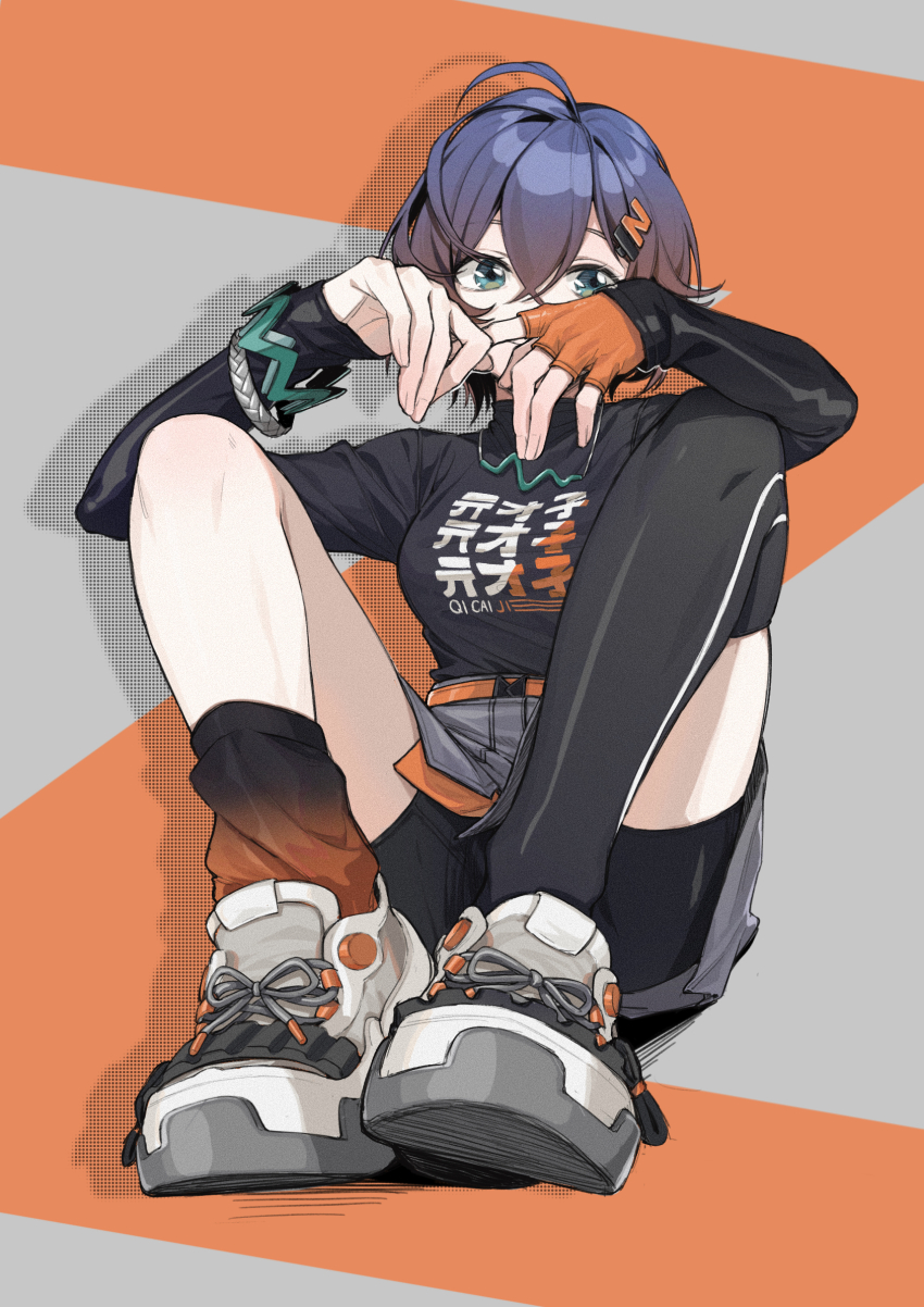 1girl belle_(zenless_zone_zero) bike_shorts bike_shorts_under_skirt black_thighhighs blue_eyes blue_hair breasts crossed_bangs cyta_celest fingerless_gloves full_body gloves gradient_hair gradient_legwear grey_skirt hair_between_eyes highres long_sleeves looking_at_viewer multicolored_hair orange_gloves purple_hair shirt shoes short_hair simple_background single_fingerless_glove single_glove single_sock single_thighhigh sitting skirt sneakers socks solo thighhighs white_shoes zenless_zone_zero