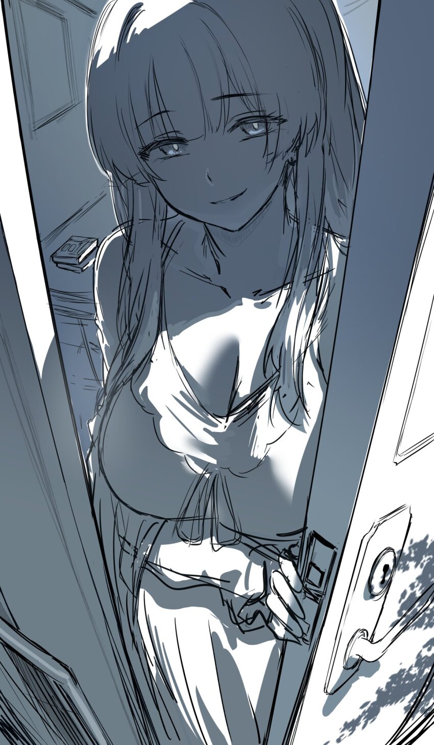 1girl blue_archive breasts cleavage collarbone commentary door english_commentary greyscale hews highres looking_at_viewer monochrome nightgown noa_(blue_archive) noa_(pajamas)_(blue_archive) official_alternate_costume opening_door pajamas sketch sleepwear smile solo