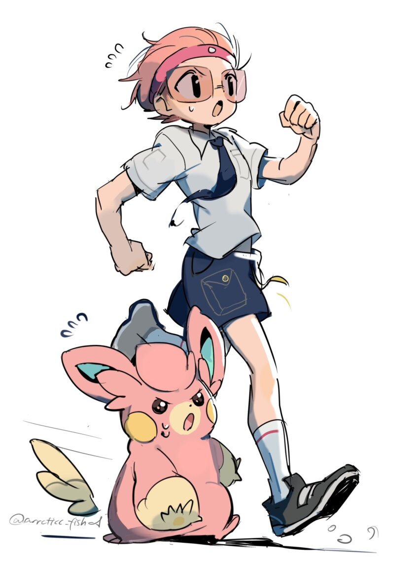 1boy :o arrcticc_fish black_eyes breast_pocket clenched_hands collared_shirt commentary english_commentary flying_sweatdrops hand_up headband highres male_focus necktie nintendo pawmo pink_headband pocket pokemon pokemon_(creature) pokemon_sv school_uniform shirt shoes short_hair short_sleeves shorts socks standing sweatdrop twitter_username walking