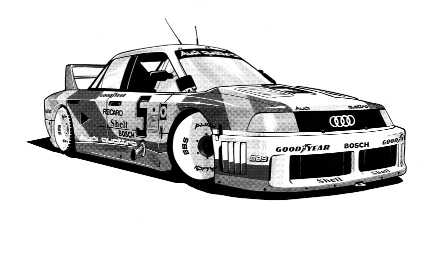 absurdres audi audi_90_quattro_imsa_gto bbs_(wheel) car goodyear greyscale gtuz highres imsa_gt_championship monochrome motor_vehicle no_humans race_vehicle racecar radio_antenna shadow spoiler_(automobile) sponsor vehicle_focus