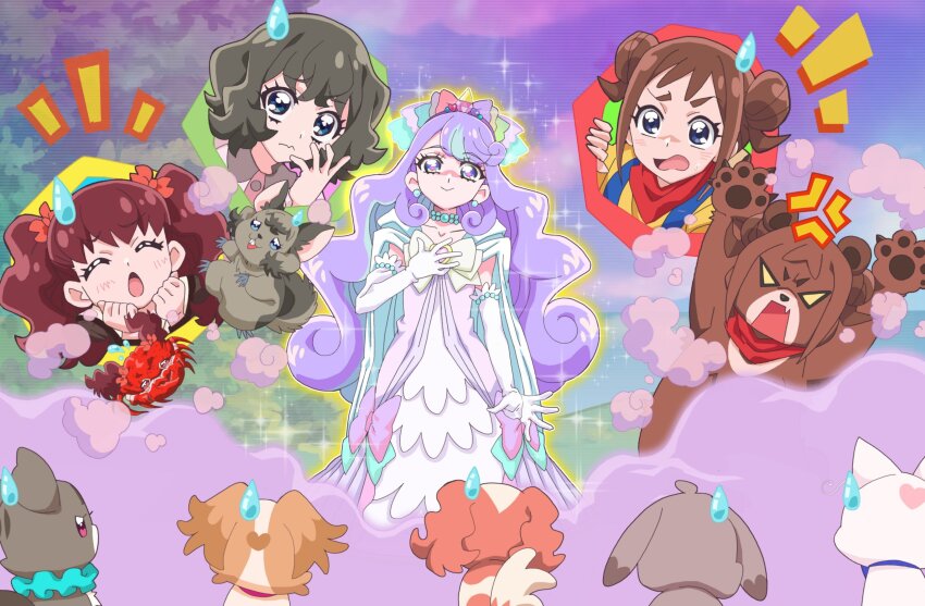 absurdres anger_vein animalization bear cape cat chiran_yuma commentary_request crab dog dress earrings gloves highres inukai_iroha inukai_iroha_(dog) inukai_komugi inukai_komugi_(dog) jewelry kanie_(precure) masaru_(win800) nekoyashiki_mayu nekoyashiki_mayu_(cat) nekoyashiki_yuki nekoyashiki_yuki_(cat) nico-sama ookuma_(precure) papillon_(dog) pawpads precure purple_hair rabbit red_scarf scarf sleeveless smoke sparkle squirrel stud_earrings sweatdrop tiara toyama_satoru toyama_satoru_(rabbit) tree twintails wonderful_precure!