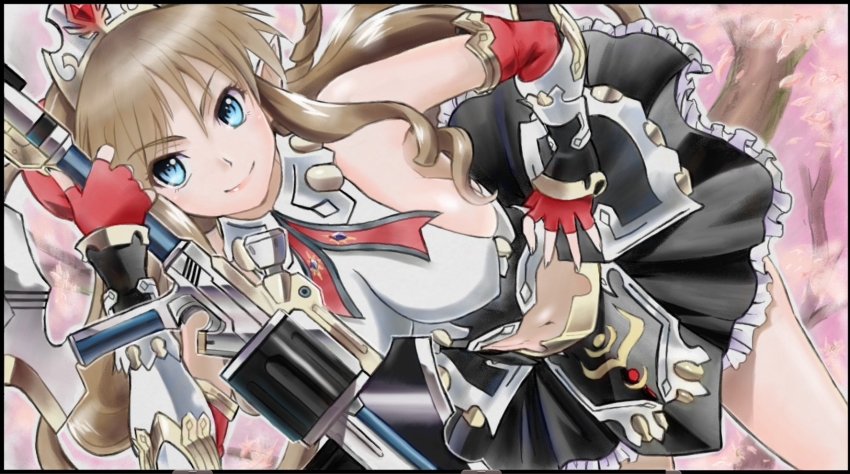 1girl bare_shoulders black_border black_skirt blue_eyes border breasts brown_hair cherry_blossoms cowboy_shot crop_top diamond_(shape) drill_hair elbow_gloves eyebrows female_focus fingerless_gloves frilled_skirt frills gem gloves hair_between_eyes hanabusa_(xztr3448) hand_on_own_hip highres large_breasts legs_apart lips long_hair looking_at_viewer miniskirt navel neige_hausen no_bra pink_lips pointy_ears red_gloves shirt sideboob skindentation skirt sleeveless sleeveless_shirt solo stomach super_robot_wars super_robot_wars_og_saga_mugen_no_frontier super_robot_wars_og_saga_mugen_no_frontier_exceed tiara tree