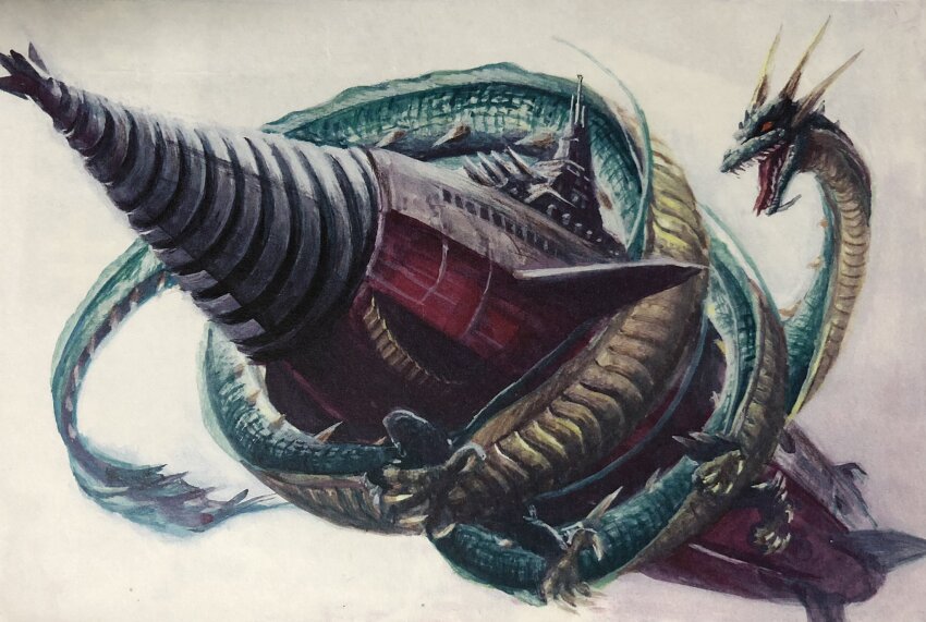 aircraft atragon battleship buzzsaw_(tool) cannon circular_saw constriction cruiser_submarine dragon drill eastern_dragon fangs flying_submarine g.n.a godzilla:_final_wars godzilla_(series) gotengo gunship highres horns japan_air_self-defense_force japan_ground_self-defense_force japan_maritime_self-defense_force japan_self-defense_force kaiju manda_(godzilla) military military_vehicle no_humans open_mouth saw sea_monster sea_serpent sharp_teeth ship ship_turret simple_background snake solo submarine subterrene tail teeth toho tongue tongue_out underwater vtol warship water watercraft whiskers white_background