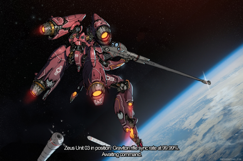 aiming cloud commentary earth_(planet) emerson_tung energy_cannon english_commentary english_text fake_screenshot highres machinery mecha orbit original planet robot rocket roundel science_fiction signature space star_(symbol) star_symbol_background subtitled thrusters united_states zero_gravity zeus_orbital_sniper