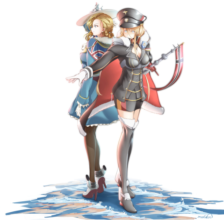 2girls absurdres asymmetrical_hair azur_lane back-to-back bismarck_(azur_lane) bismarck_(coat_of_arms) black_footwear black_headwear black_jacket black_skirt blonde_hair blue_dress blue_eyes boots breasts brown_pantyhose cape capelet coat_of_arms dress full_body fur-trimmed_cape fur_trim gloves hair_between_eyes hair_over_shoulder hat high_heels highres hood_(azur_lane) jacket long_hair madakov_kodima medium_breasts military military_uniform miniskirt multiple_girls pantyhose peaked_cap simple_background skirt standing thigh_boots thighhighs tilted_headwear union_jack white_background white_gloves white_headwear zettai_ryouiki