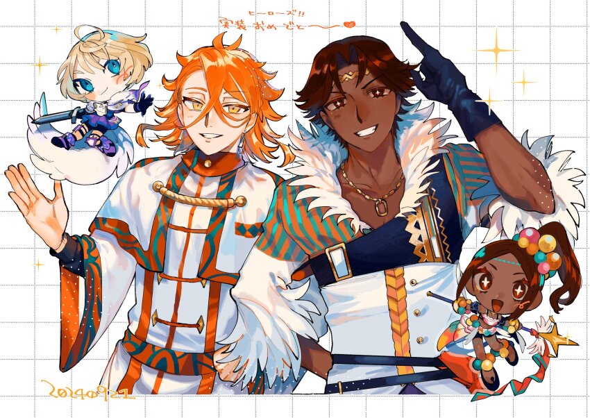 2boys 2girls blue_eyes brown_eyes brown_hair dark-skinned_female dark-skinned_male dark_skin fire_emblem fire_emblem_engage fogado_(fire_emblem) highres merrin_(fire_emblem) mochako_(motyako_1005) multiple_boys multiple_girls nintendo orange_hair pandreo_(fire_emblem) timerra_(fire_emblem) yellow_eyes