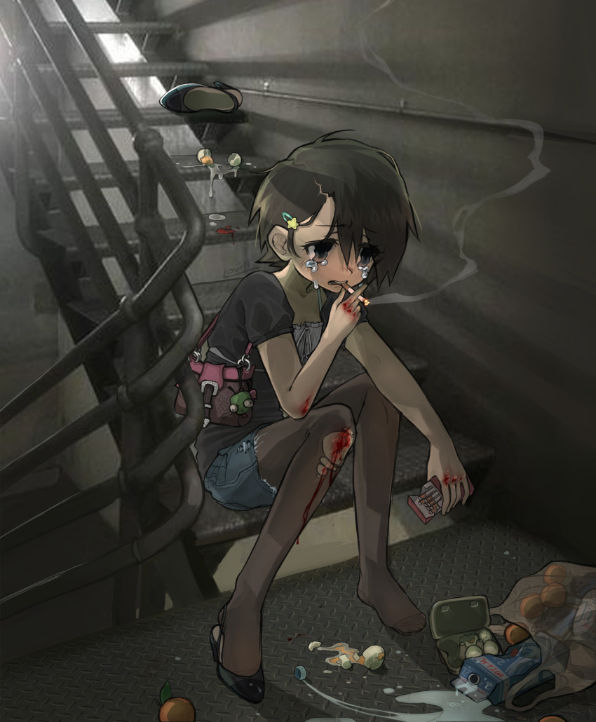 1girl absurdres accident arms_on_knees bag bag_charm black_eyes black_hair black_pantyhose black_shirt bleeding blood blush character_charm charm_(object) cigarette commentary crying crying_with_eyes_open cutoffs denim denim_shorts dropped_food egg_(food) egg_carton english_commentary food full_body gir_(dog_costume)_(invader_zim) gir_(invader_zim) groceries hair_behind_ear hair_ornament hairclip high_heels highres holding holding_cigarette injury invader_zim lovell_(v311) original pantyhose railing sad scrape scraped_knee shirt shoes short_hair short_sleeves shorts shoulder_bag single_shoe sitting sitting_on_stairs smoke smoke_trail smoking solo spill spilled_milk stairs stairwell tears wavy_eyes