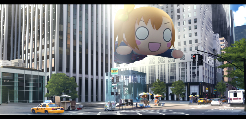 1girl :d absurdres blue_jacket blue_skirt blush_stickers city commentary_request floating highres jacket korean_commentary kosaka_honoka letterboxed long_sleeves love_live! love_live!_school_idol_project miniskirt nesoberi one_side_up open_mouth orange_hair otonokizaka_school_uniform outdoors plaid_clothes plaid_skirt pleated_skirt redame road school_uniform shirt skirt smile solo street taxi traffic_light v-shaped_eyebrows white_shirt winter_uniform