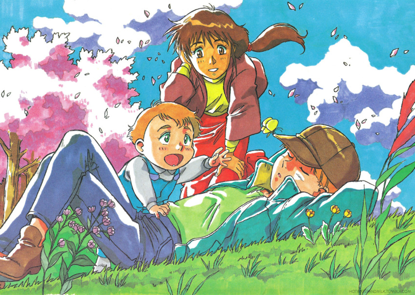 1990s_(style) 1girl 2boys cherry_blossoms cloud grass gundam karlmann_dukartuse multiple_boys nature official_art ousaka_hiroshi outdoors retro_artstyle shakti_kareen sleeping uso_evin victory_gundam