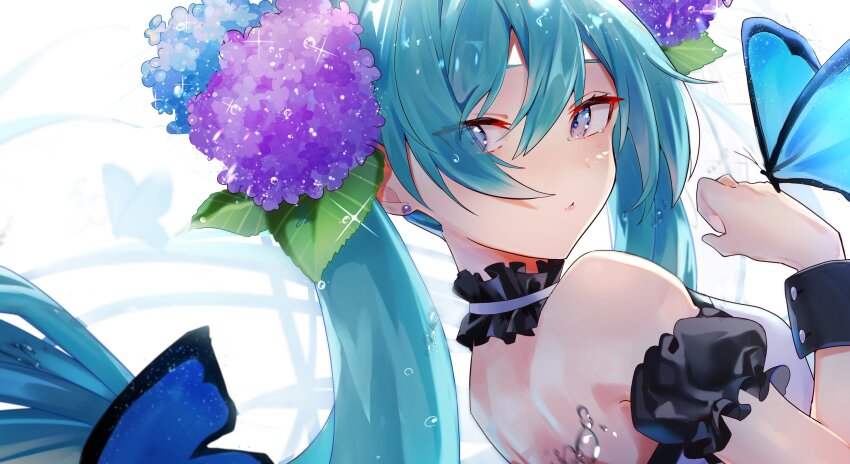1girl absurdres alternate_costume aqua_hair back backless_dress backless_outfit bare_shoulders blue_eyes bug butterfly closed_mouth diffraction_spikes dress earrings flower from_side hair_between_eyes hair_flower hair_ornament halter_dress halterneck hand_up hatsune_miku highres insect inubangarou jewelry leaf_hair_ornament long_hair looking_at_viewer nape portrait sleeveless sleeveless_dress solo twintails upper_body very_long_hair vocaloid water_drop