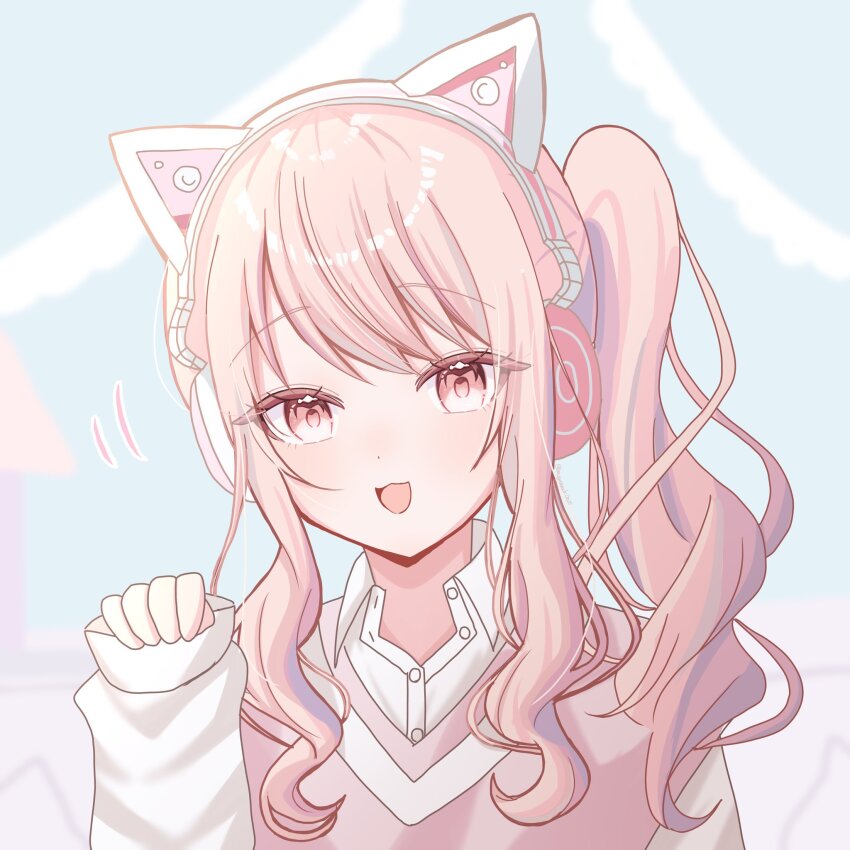 1other :d akiyama_mizuki animal_ear_headphones animal_ears cat_ear_headphones collared_shirt commentary fake_animal_ears hand_up headphones highres light_blush long_hair long_sidelocks long_sleeves looking_at_viewer nabi_(mabinabi0625) official_alternate_costume open_mouth paw_pose pink_eyes pink_hair pink_sweater_vest project_sekai shirt side_ponytail sidelocks sleeves_past_wrists smile solo sweater sweater_vest swept_bangs upper_body white_shirt you_are_my_hero!!_(project_sekai)