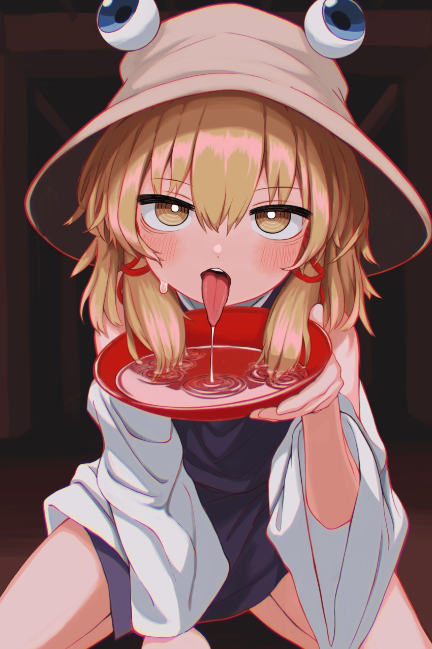 1girl absurdres blonde_hair blush bowl dress hat highres holding holding_bowl moriya_suwako neritch open_mouth saliva short_hair sitting solo tongue tongue_out touhou yellow_eyes