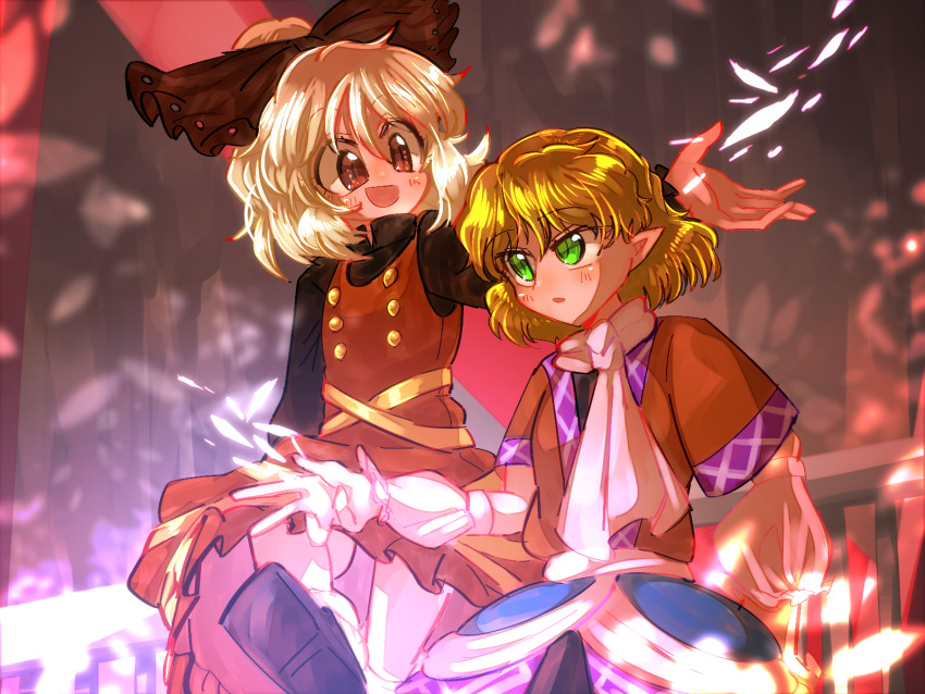 2girls :d arm_warmers black_bow black_shirt blonde_hair blush bow brown_dress brown_eyes brown_shirt buttons commentary_request cowboy_shot danmaku dress green_eyes hair_bow hair_bun highres kurodani_yamame long_sleeves looking_at_another looking_to_the_side mizuhashi_parsee multiple_girls open_mouth pinafore_dress pointy_ears railing ribbon sash scarf shippuu_jinnari shirt short_hair short_sleeves single_hair_bun sleeveless sleeveless_dress smile touhou undershirt white_sash white_scarf yellow_ribbon