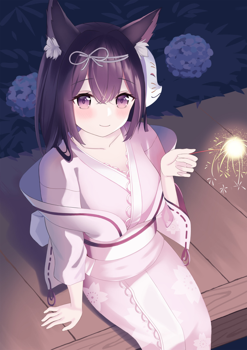 1girl absurdres animal_ear_fluff animal_ears arashio_(azur_lane) arashio_(the_gentlest_firework)_(azur_lane) arashio_(the_gentlest_firework)_(azur_lane) azur_lane bad_id bad_pixiv_id cat_ears cat_girl fireworks flower fox_mask from_above highres hydrangea japanese_clothes kimono looking_at_viewer mask mask_on_head official_alternate_costume pink_kimono purple_eyes purple_hair sash senkou_hanabi sharoka sitting solo sparkler white_sash yukata