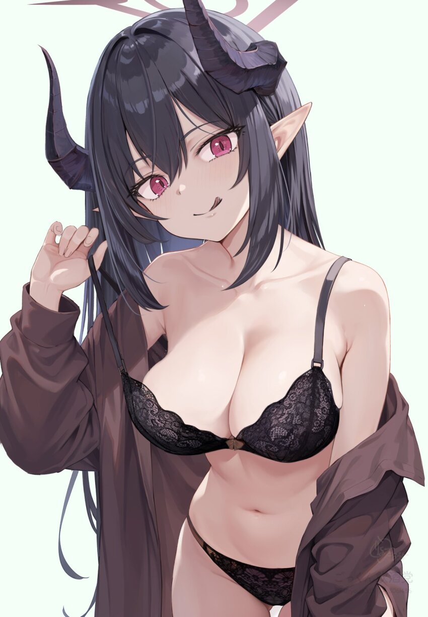 1girl :q bare_shoulders black_bra black_hair black_horns black_panties blue_archive blush bra breasts brown_coat chiaki_(blue_archive) cleavage coat collarbone curved_horns demon_girl demon_horns halo highres horns lace lace_bra lace_panties large_breasts licking_lips lingerie long_hair long_sleeves looking_at_viewer navel off_shoulder open_clothes open_coat panties pointy_ears pulling_own_clothes red_eyes red_halo ryouta_(ryouta335) slit_pupils smile solo strap_pull tongue tongue_out underwear
