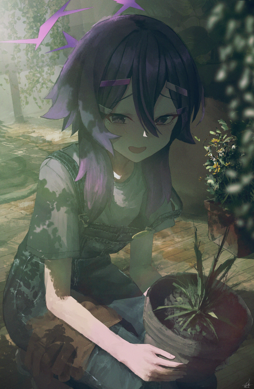 1girl absurdres alternate_costume blue_archive blue_overalls blush brown_gloves denim_overalls double-parted_bangs flower_pot gloves hair_between_eyes hair_ornament hairclip haruka_(blue_archive) highres holding holding_flower_pot kyatto-mikazu long_hair looking_at_viewer open_mouth overalls purple_eyes purple_hair shaded_face shirt sidelocks solo squatting unworn_gloves white_shirt