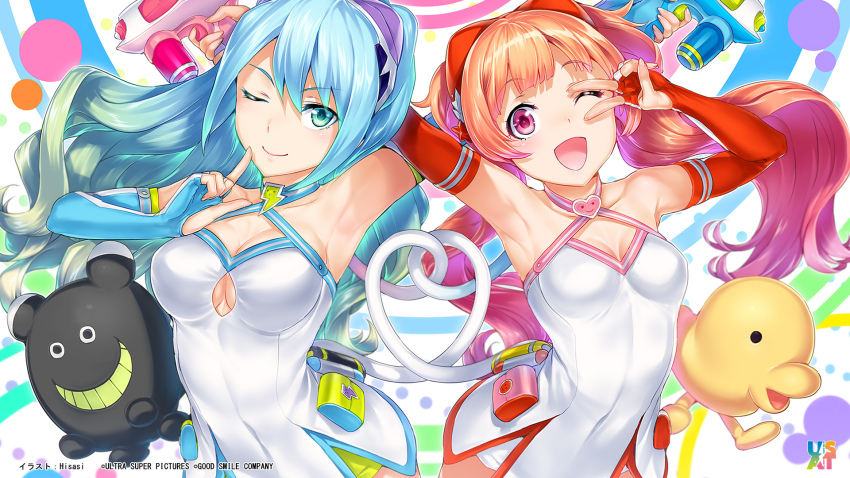 2girls ;) ;d aqua_eyes aqua_gloves aqua_hair armpits artist_name breasts cleavage clothing_cutout collarbone company_name covered_navel criss-cross_halter elbow_gloves end_card finger_to_mouth fingerless_gloves gloves gradient_hair green_hair halterneck heart highres hisasi lightning_bolt_symbol long_hair looking_at_viewer medium_breasts multicolored_hair multiple_girls one_eye_closed open_mouth red_eyes red_gloves red_hair small_breasts smile sumako_(ultra_super_anime_time) supika_(ultra_super_anime_time) tareme tsurime twintails ultra_super_anime_time underboob underboob_cutout upper_body v v_over_eye water_gun wavy_hair